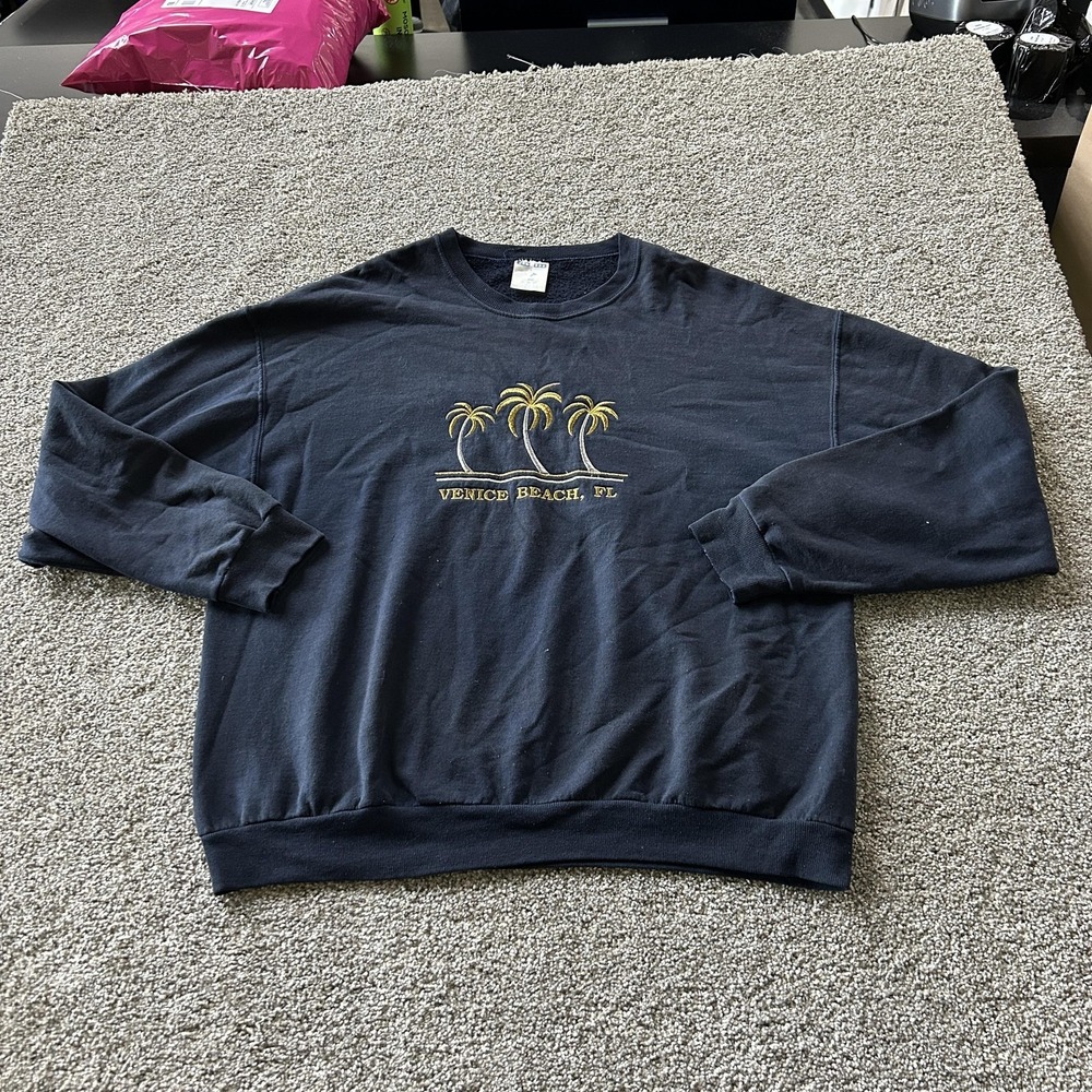 Jerzees Sweatshirt Mens XL Blue Fleece Pullover Venice Beach Palm Trees Graphic